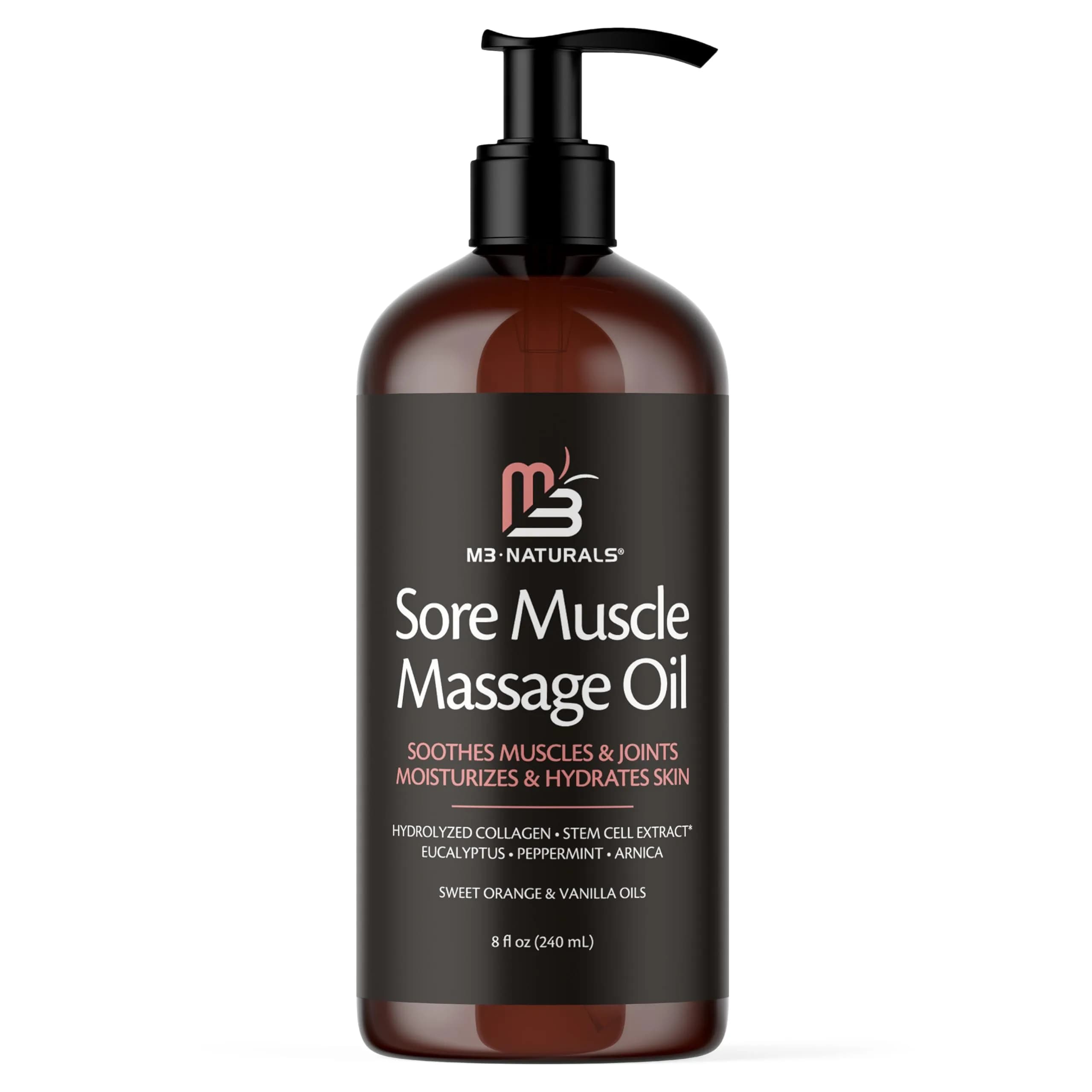 M3 Naturals Arnica Sore Muscle Massage Oil with Collagen & Stem Cells, 235ml (8 Fl Oz) | Fast-Absorbing Multi-Purpose Treatment - main product image