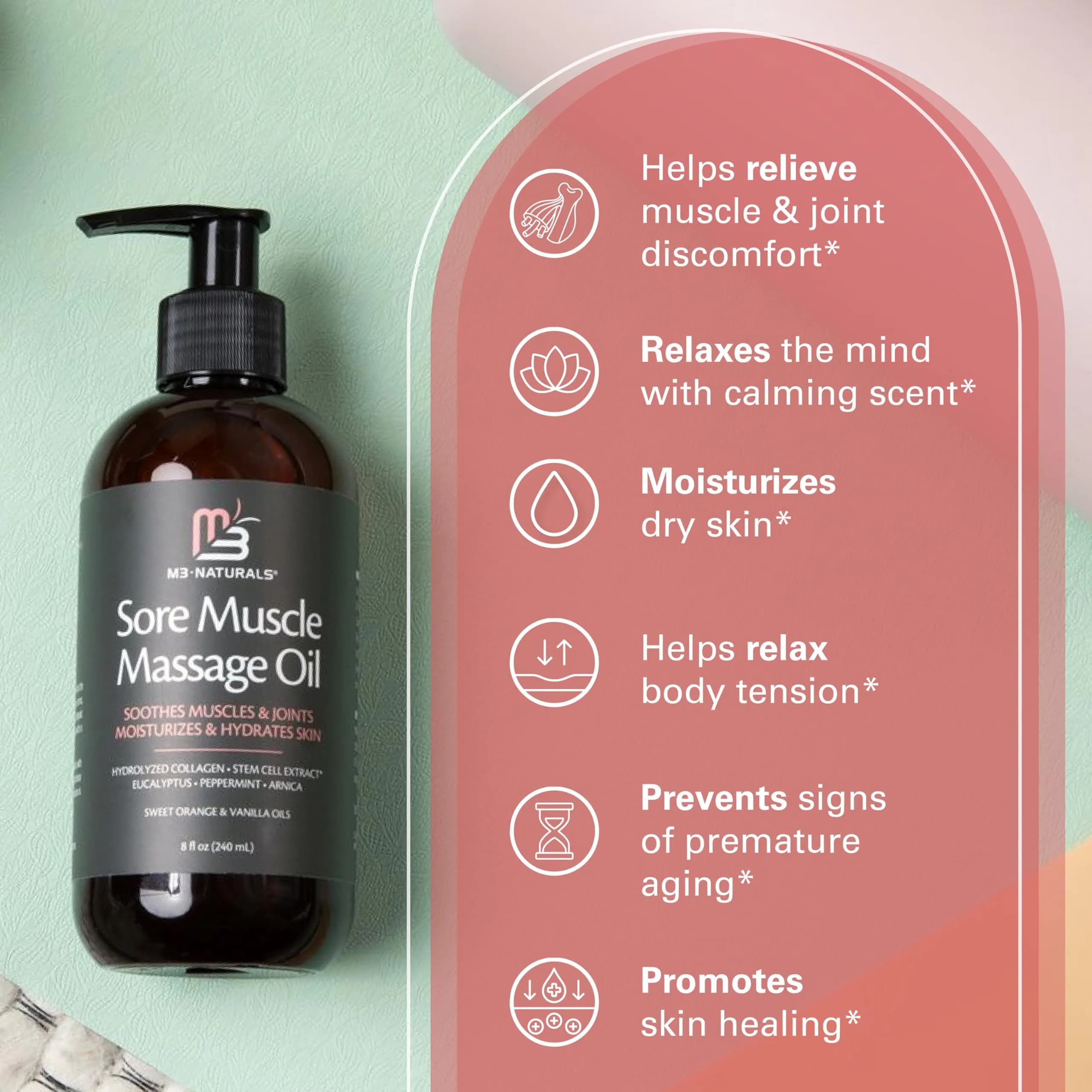 M3 Naturals Arnica Massage Oil 245ml (8 fl oz) | Soothes Muscles & Firms Skin - view 6
