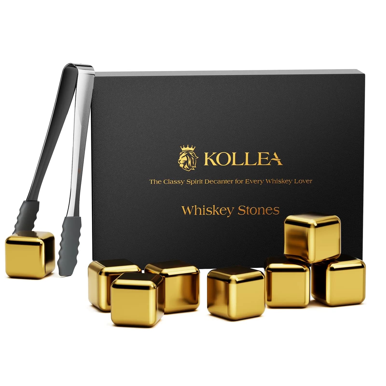 Kollea Whiskey Stones 8-Pack Stainless Steel Chilling Rocks Set, Gold | No Dilution, Premium Reusable Whiskey Ice Cubes — 8 PCS Gold