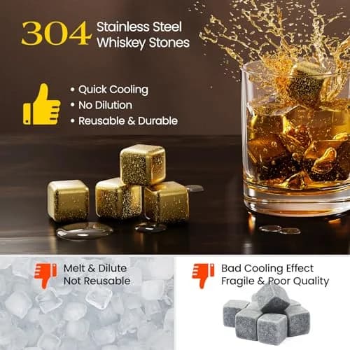 Kollea Whiskey Stones 8-Pack Stainless Steel Chilling Rocks Set, Gold | No Dilution, Premium Reusable Whiskey Ice Cubes thumbnail 2