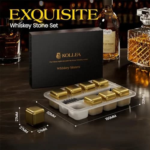 Kollea Whiskey Stones 8-Pack Stainless Steel Chilling Rocks Set, Gold | No Dilution, Premium Reusable Whiskey Ice Cubes thumbnail 3
