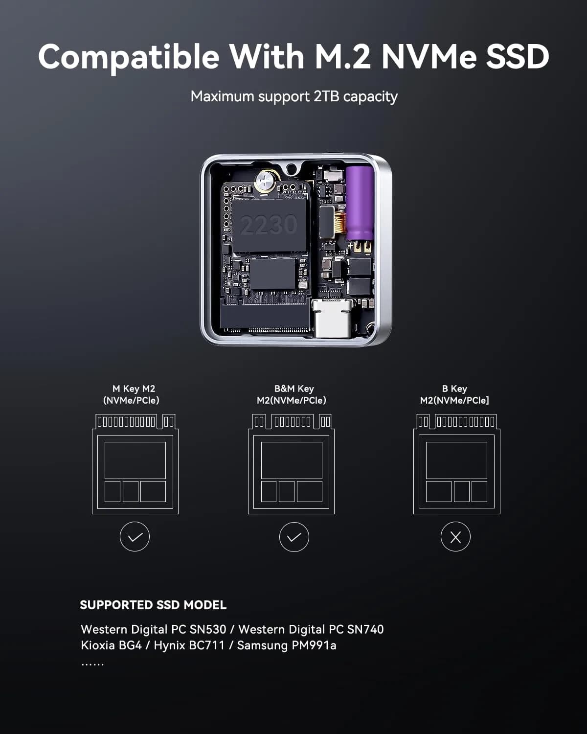 DockCase Pocket M.2 2230 NVMe SSD Enclosure Silver | USB 3.2 Gen 2 10Gbps Type-C for PCIe M-Key B+M Key UASP - view 7