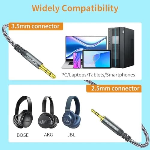 MCSPER 2-Pack 3.5mm to 2.5mm Aux Audio Cable (5FT) | Nylon Braided, Gold-Plated Connectors thumbnail 3