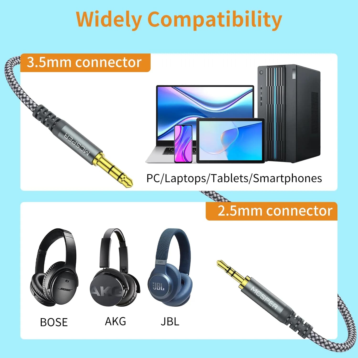 MCSPER 3.5mm to 2.5mm Aux Audio Cable 1.5m (5FT) | High Fidelity Audio Transmission - view 3