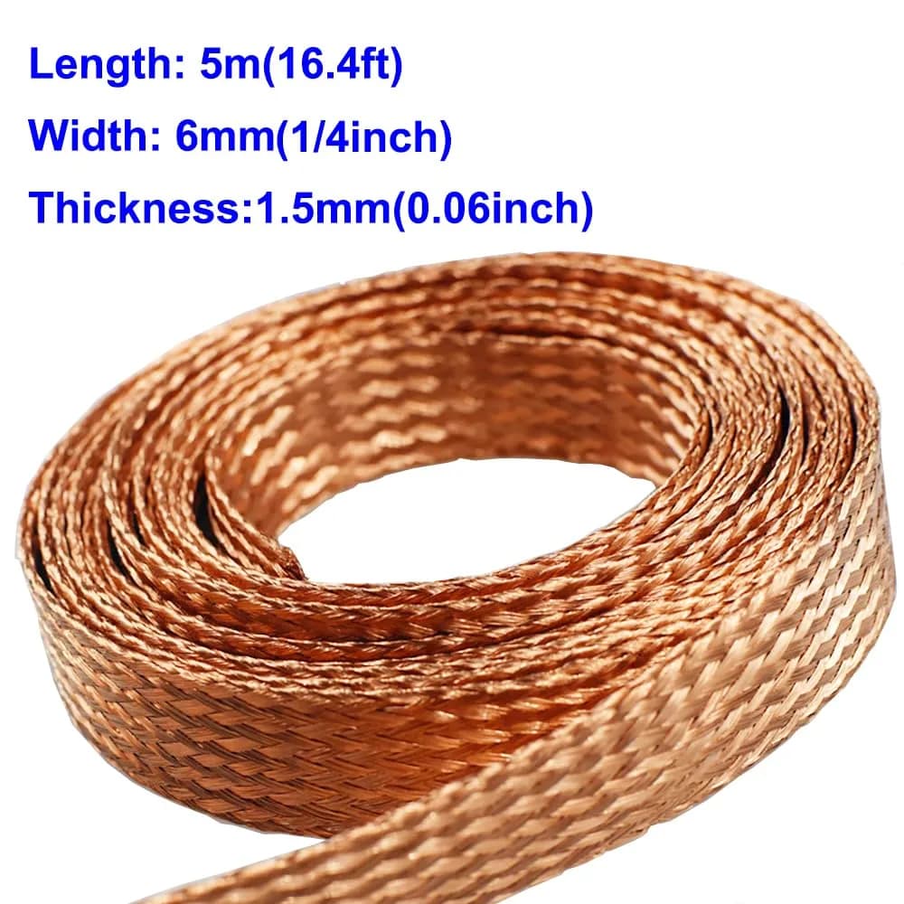 Euogeudel Flat Copper Braid Cable 6mm x 1.5mm (5m / 16.4ft) | Flexible Grounding Strap Wire - view 2