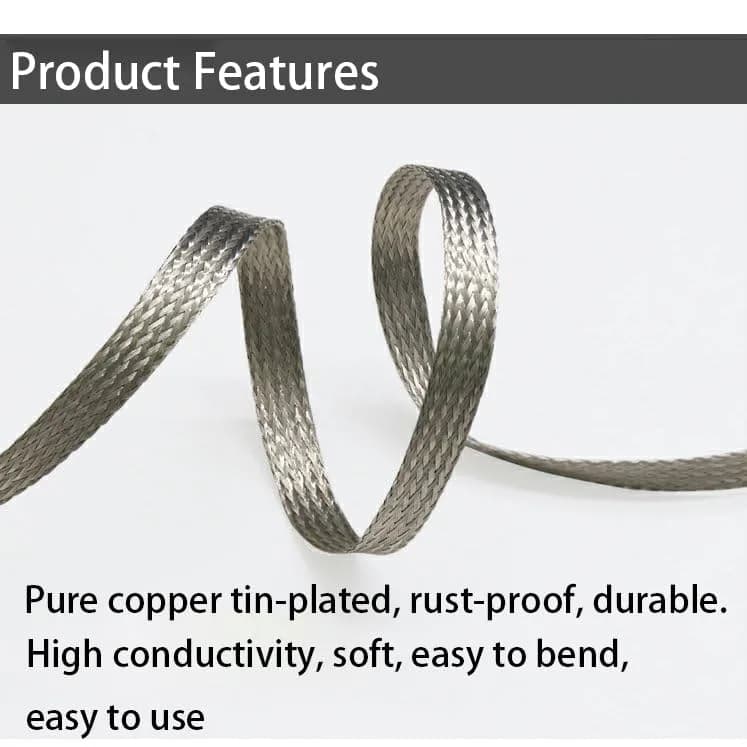Euogeudel Tinned Flat Copper Braid Cable 5m (16.4ft) | Flexible Grounding Strap Wire 11mm Width - view 5