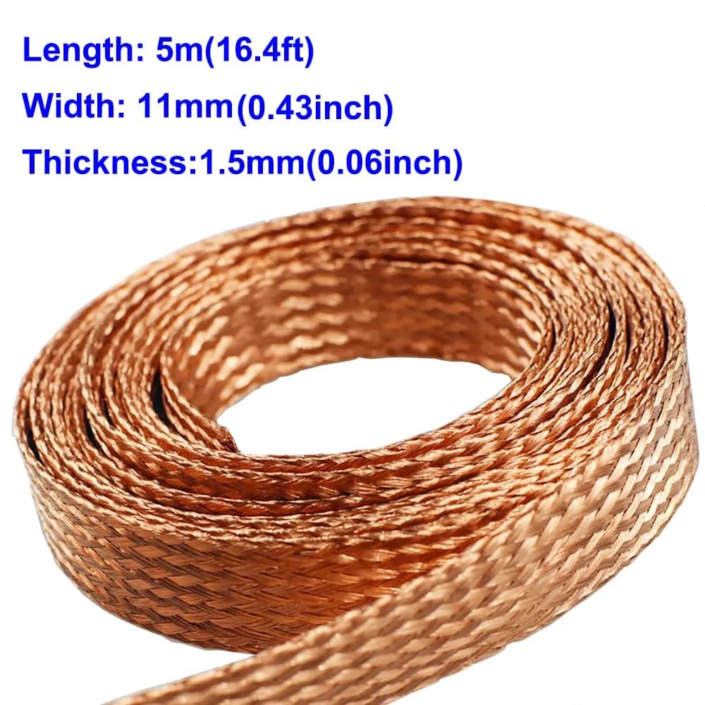 Euogeudel 11mm Wide Flat Copper Braid Grounding Strap Wire - 5m (16.4ft) Flexible Shielding Cable - view 2