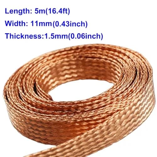 Euogeudel 11mm Wide Flat Copper Braid Grounding Strap Wire - 5m (16.4ft) Flexible Shielding Cable thumbnail 2