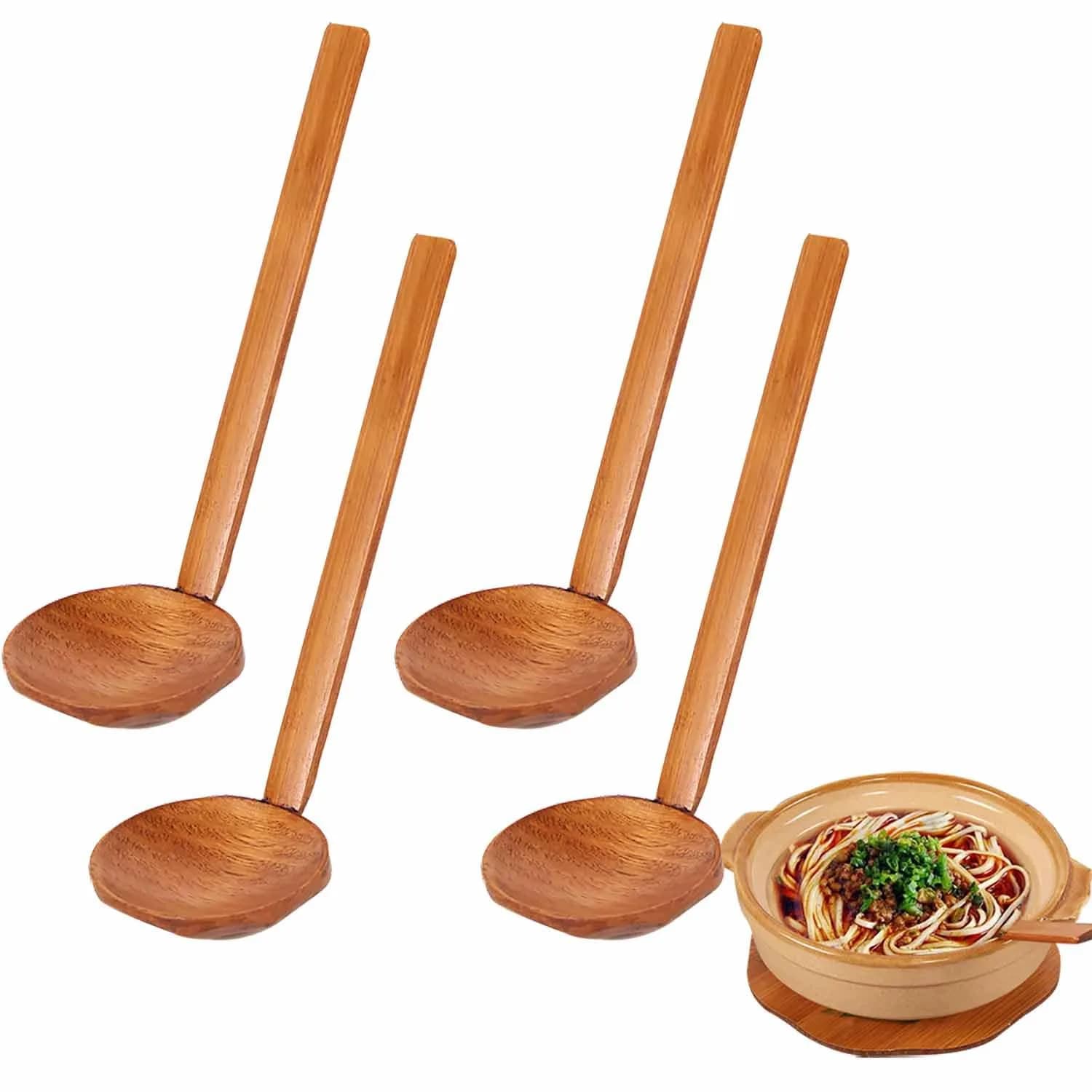 Auswalar Japanese Wooden Ramen Spoons with Long Handle, 22 cm (8.66 in) - Set of 4 - main product image