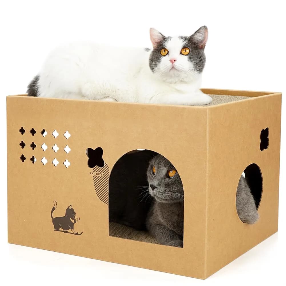 ARGOPET Cat Cardboard House with 2 Scratching Pads, 104cm x 61cm x 61cm (41"L x 24"W x 24"H) | Detachable Star Pattern Lounge — Wood-Cactus