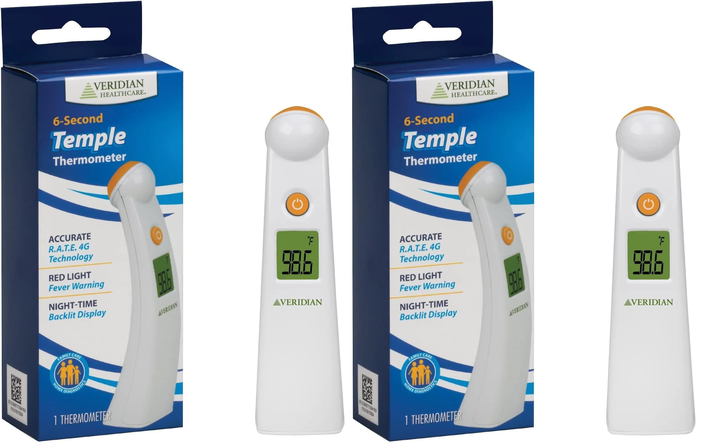 Veridian Healthcare Temple Thermometer | Infrared Measurements | Fast 6-Second Readout | Fever Alert | Backlit Display | Programmable Timer | 1-Year Warranty (Pack of 2) — Pack of 2