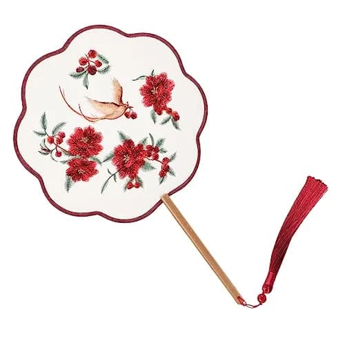HOMSFOU Red Electric Fan 35.5CM | Handcrafted Silk & Wood Vintage Decor thumbnail 1