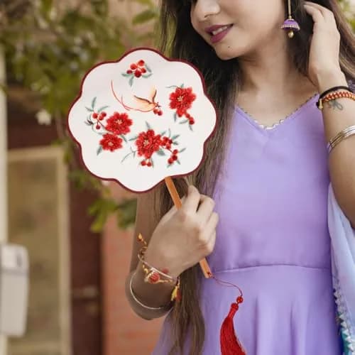 HOMSFOU Red Electric Fan 35.5CM | Handcrafted Silk & Wood Vintage Decor thumbnail 7