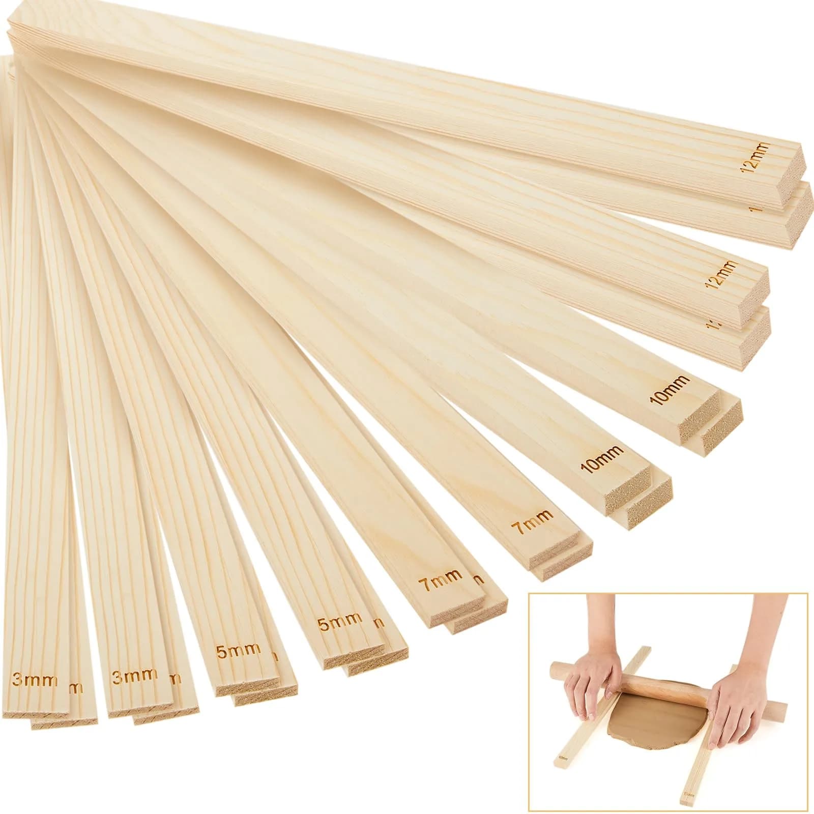 Sasylvia 20 Pcs Wood Clay Rolling Pin Guides, 3mm-12mm Thickness | Essential for Even Clay Slabs - main product image