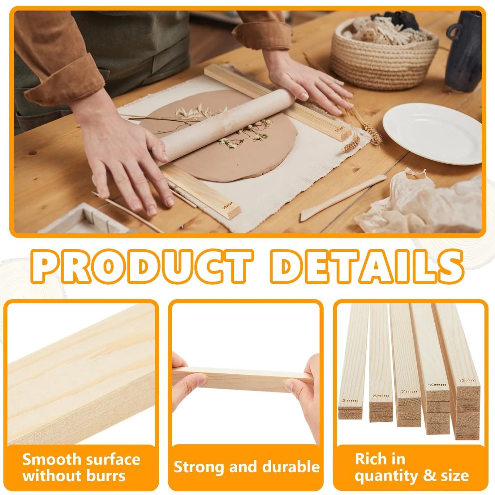 Sasylvia 20 Pcs Wood Clay Rolling Pin Guides, 3mm-12mm Thickness | Essential for Even Clay Slabs - view 3