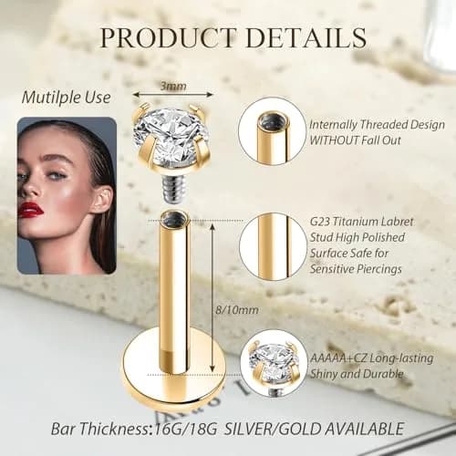 GAGABODY Labret Studs 16g G23 Titanium Lip Piercing Jewelry CZ Internally Threaded Earrings Gold Tragus Earrings 6mm Helix Stud Cartilage Piercing thumbnail 4