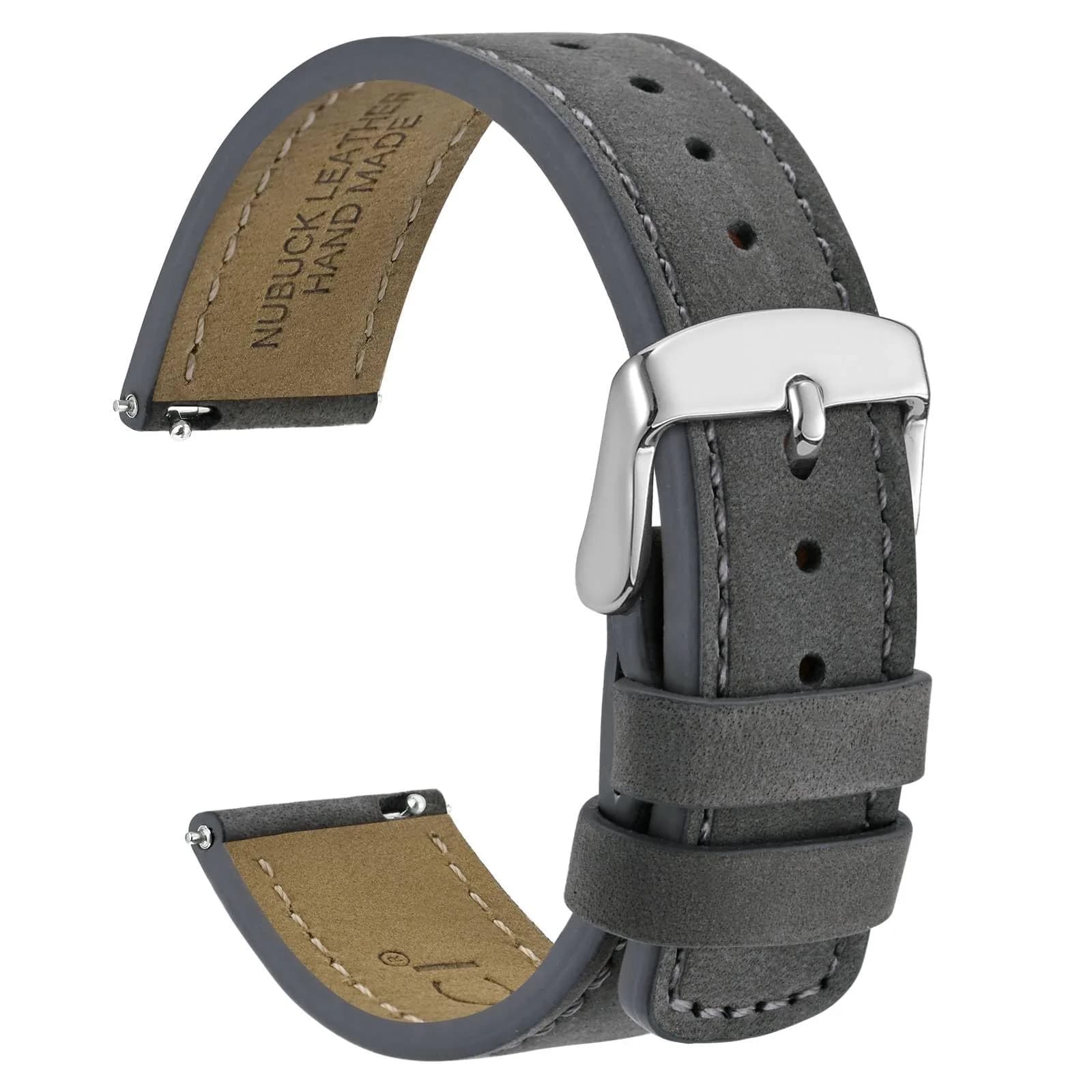 WOCCI 20mm Retro Nubuck Leather Watch Band with Silver Buckle | Quick Release Replacement Strap — Grey (Silver Buckle)