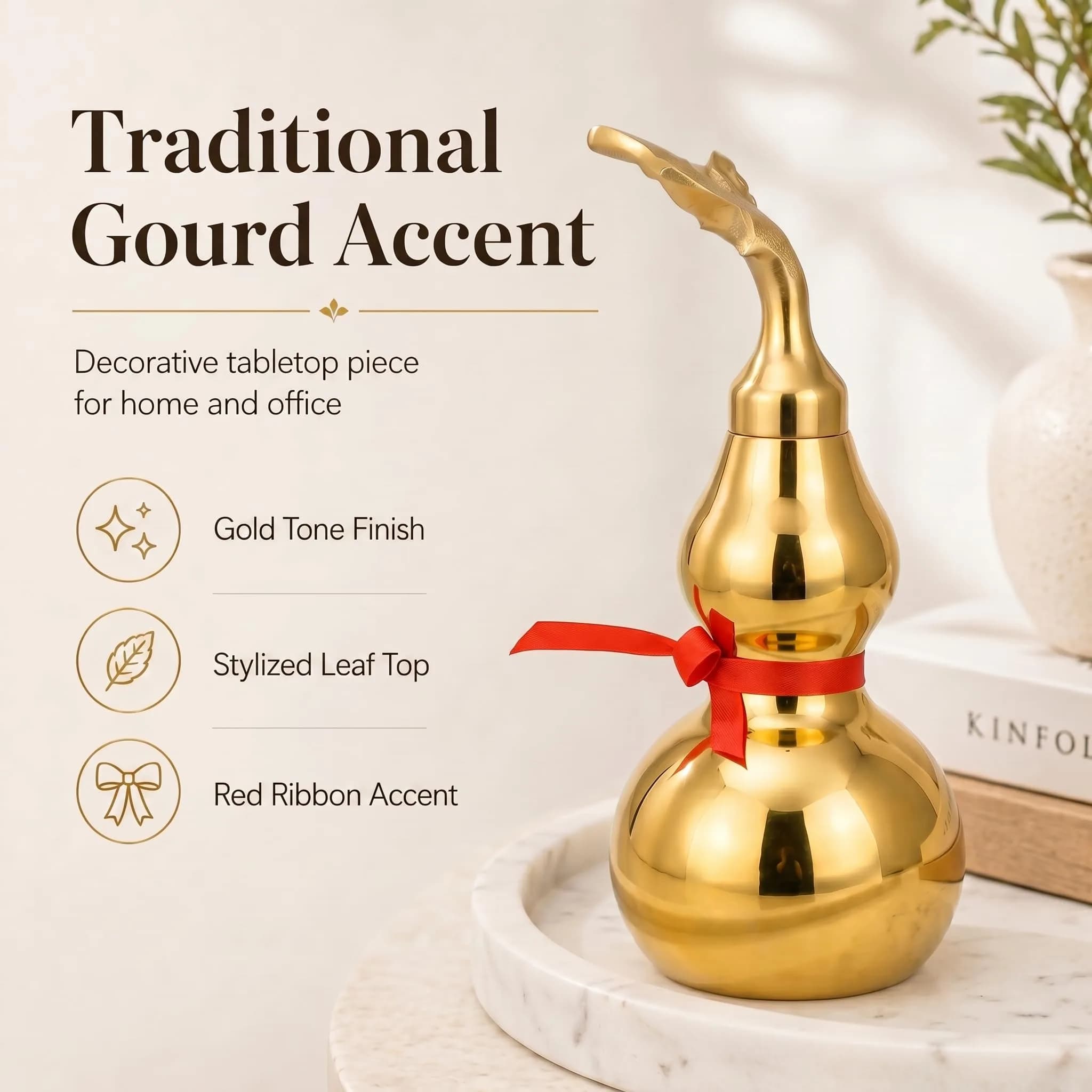 I-MART Brass Wu Lou Hu Lu Calabash Gourd 10 cm (4 Inch) with Bagua Base | Chinese Feng Shui Decor thumbnail 2