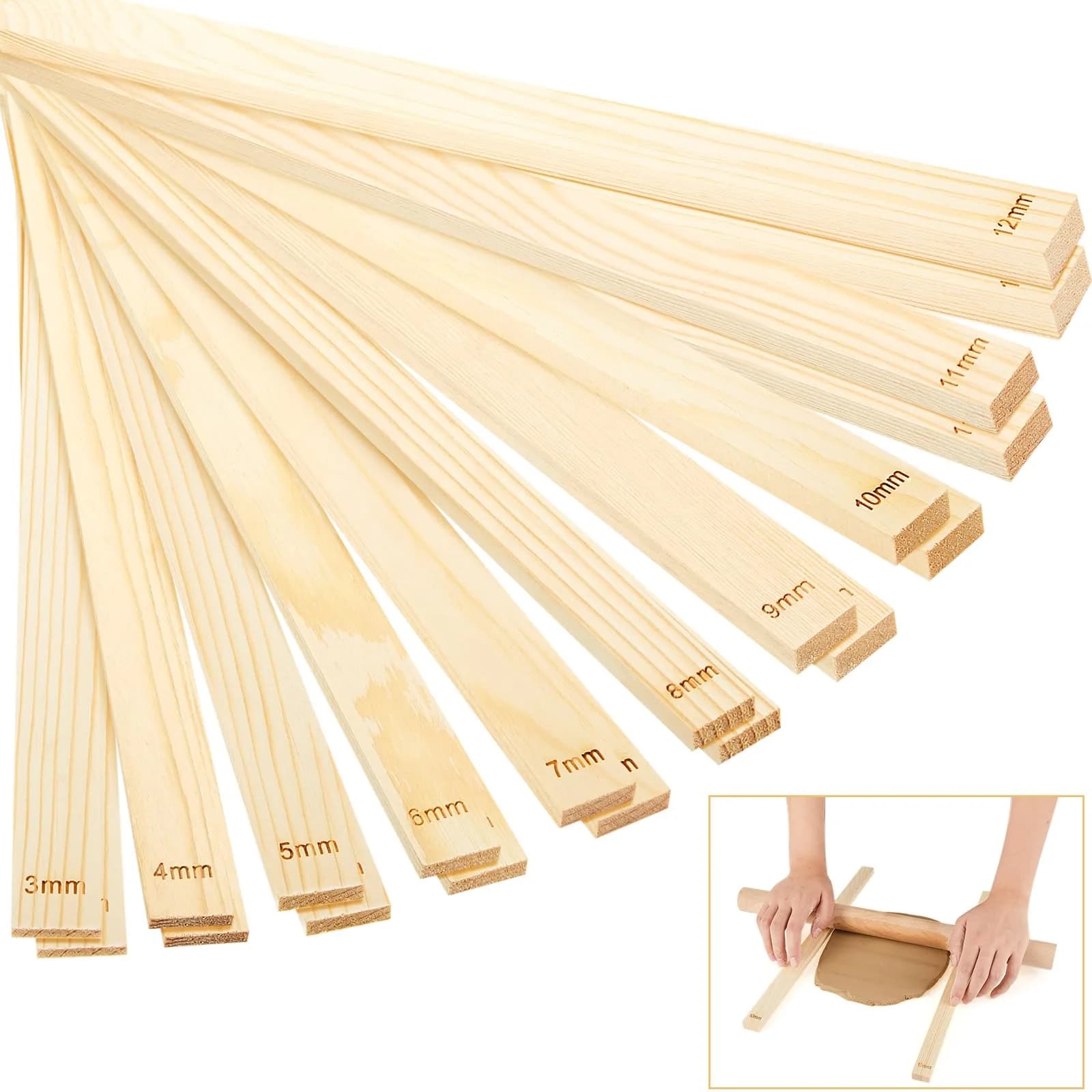 Sasylvia 20 Pcs Wood Clay Rolling Pin Guides, 10 Sizes, 34cm (13.4in) | Flat Clay Rolling Tools for Sculpting - main product image