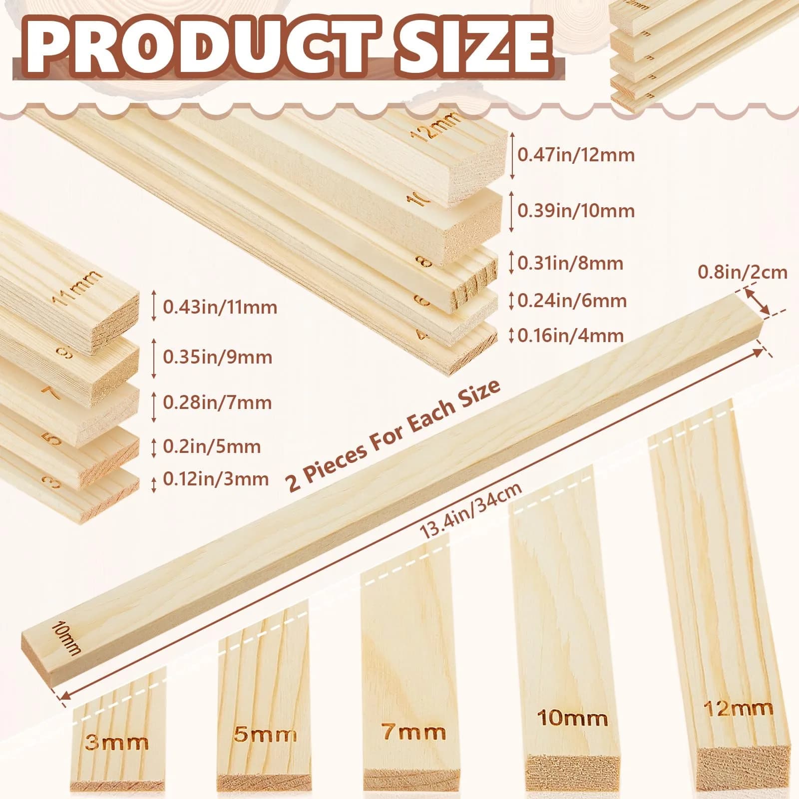 Sasylvia 20 Pcs Wood Clay Rolling Pin Guides, 10 Sizes, 34cm (13.4in) | Flat Clay Rolling Tools for Sculpting - view 2