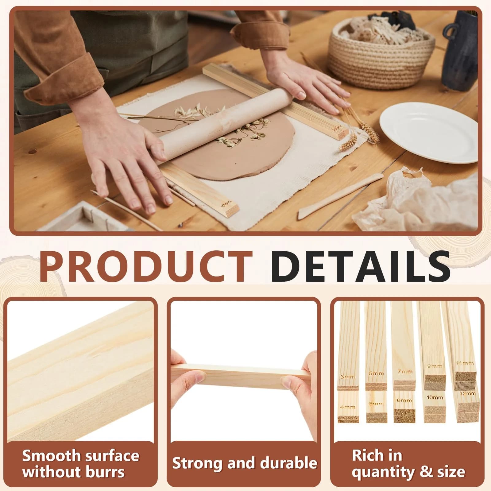 Sasylvia 20 Pcs Wood Clay Rolling Pin Guides, 10 Sizes, 34cm (13.4in) | Flat Clay Rolling Tools for Sculpting - view 3