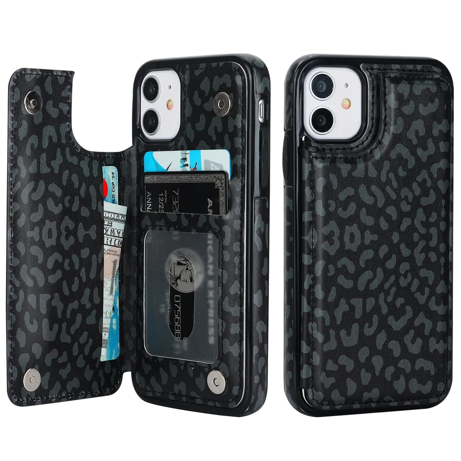 HAOPINSH Wallet Case with Card Holder for iPhone 11, Black Leopard | RFID Blocking, Shockproof & Kickstand (6.1")