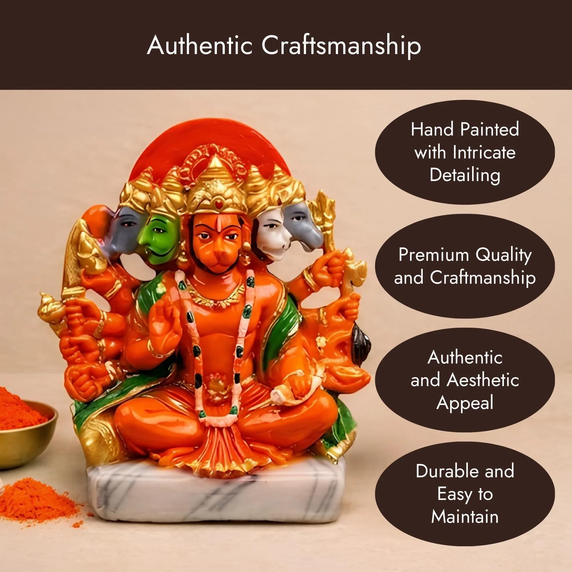 Servdharm Panchmukhi Hanuman Idol Resin 5.9" Orange | 14.9 cm Tall Traditional Religious Figurine - view 3