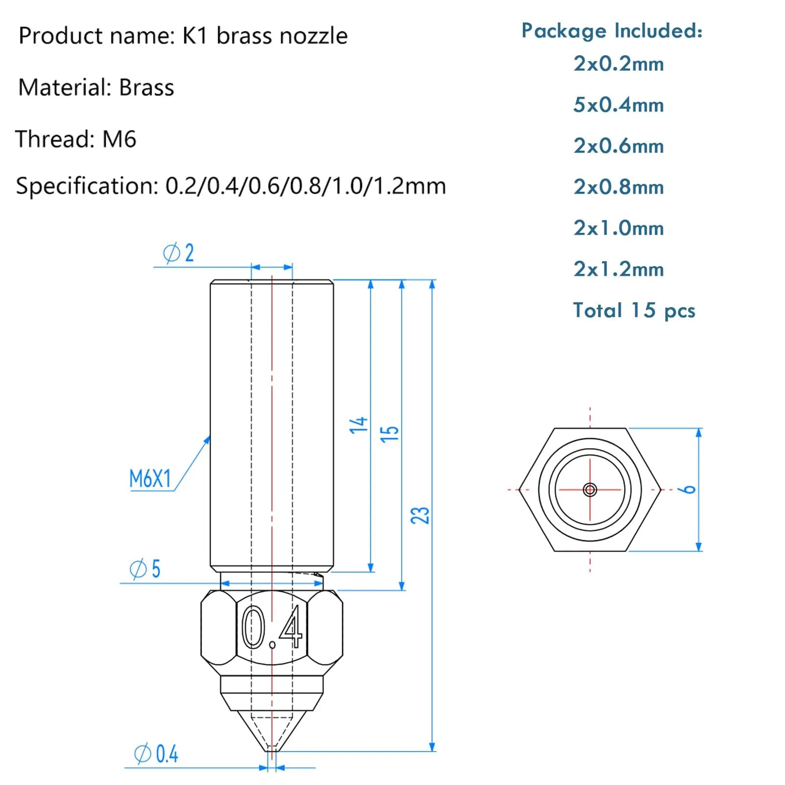LANKEGU K1 Brass Nozzles Kit 15PCS (0.2mm-1.2mm) | High-Speed 3D Printer Upgrade Parts - view 2