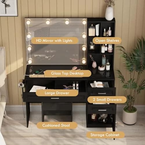 Fameill Large Makeup Vanity Desk with Lighted Mirror & Power Strip, Black | Modern Bedroom Furniture with 3 Drawers & Tempered Glass thumbnail 7