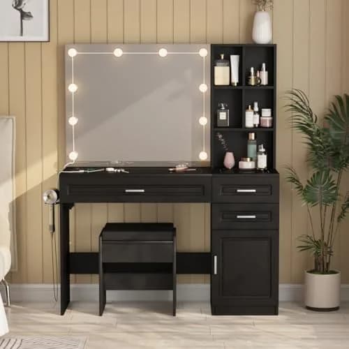 Fameill Large Makeup Vanity Desk with Lighted Mirror & Power Strip, Black | Modern Bedroom Furniture with 3 Drawers & Tempered Glass thumbnail 2