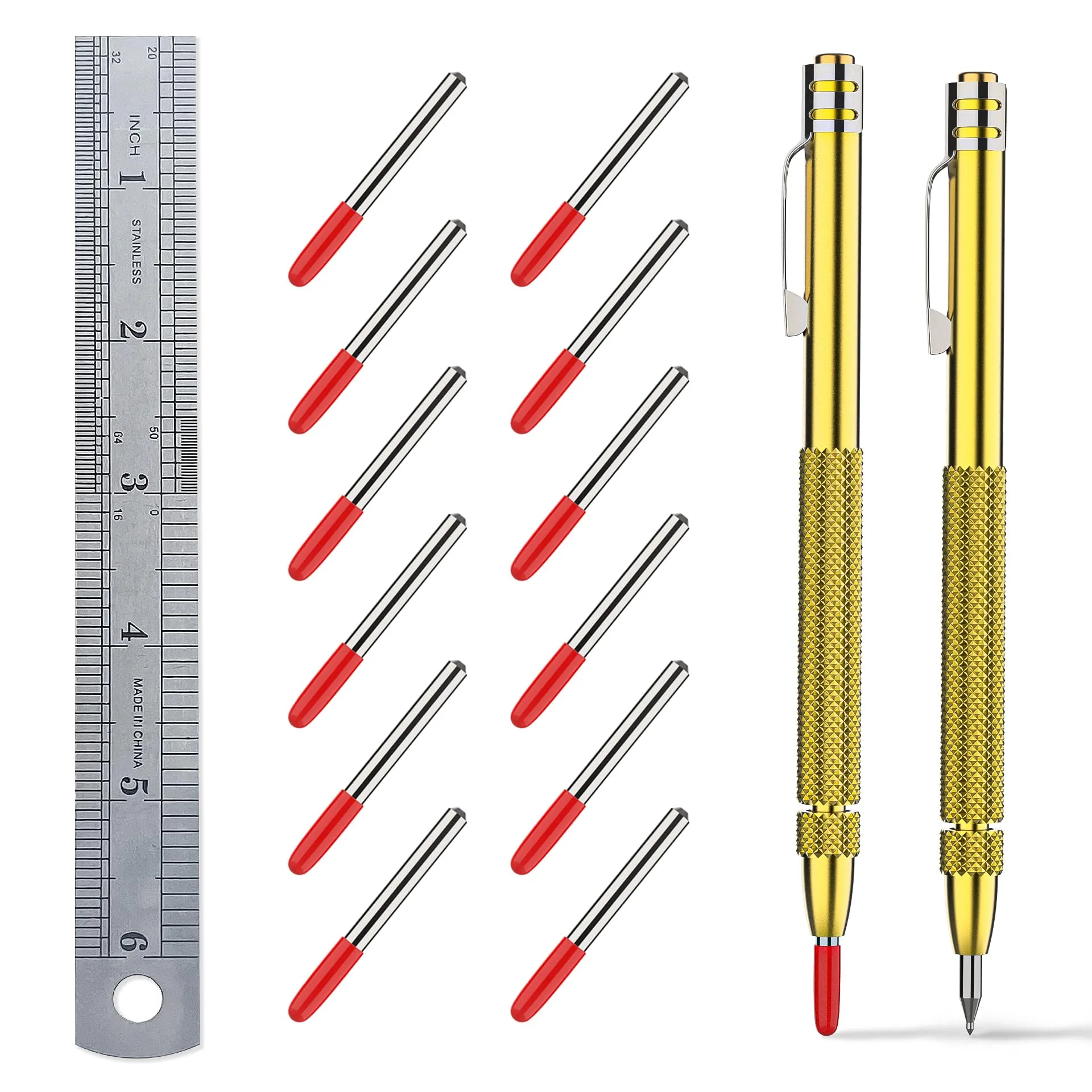 Glieskir 2-Pack Tungsten Carbide Scriber Set with Magnet, Ruler and 12 Tips | Precision Marking Tools for Craftsmen (70-120 chars)