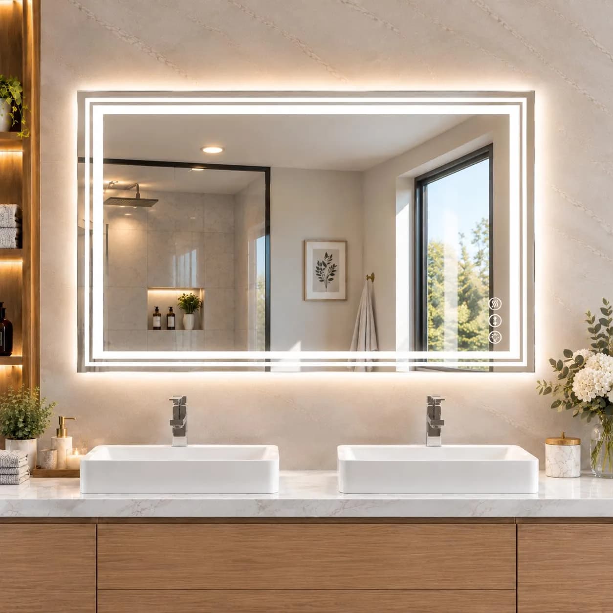 WTTY 48" x 32" LED Bathroom Mirror with Light | Dimmable, Anti-Fog, Tempered Glass, Wall Mount