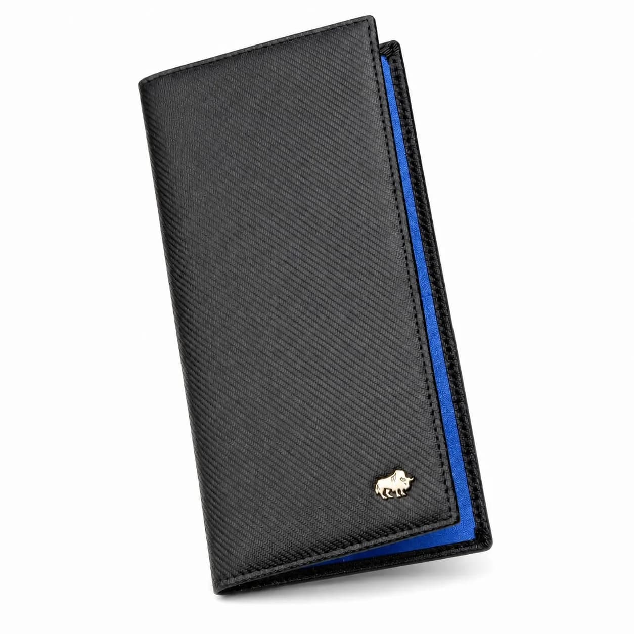 BISON DENIM Men's Long Bifold Wallet with AirTag Holder, RFID Leather, 19 cm (7.5") | Genuine Cowhide Leather — Blue
