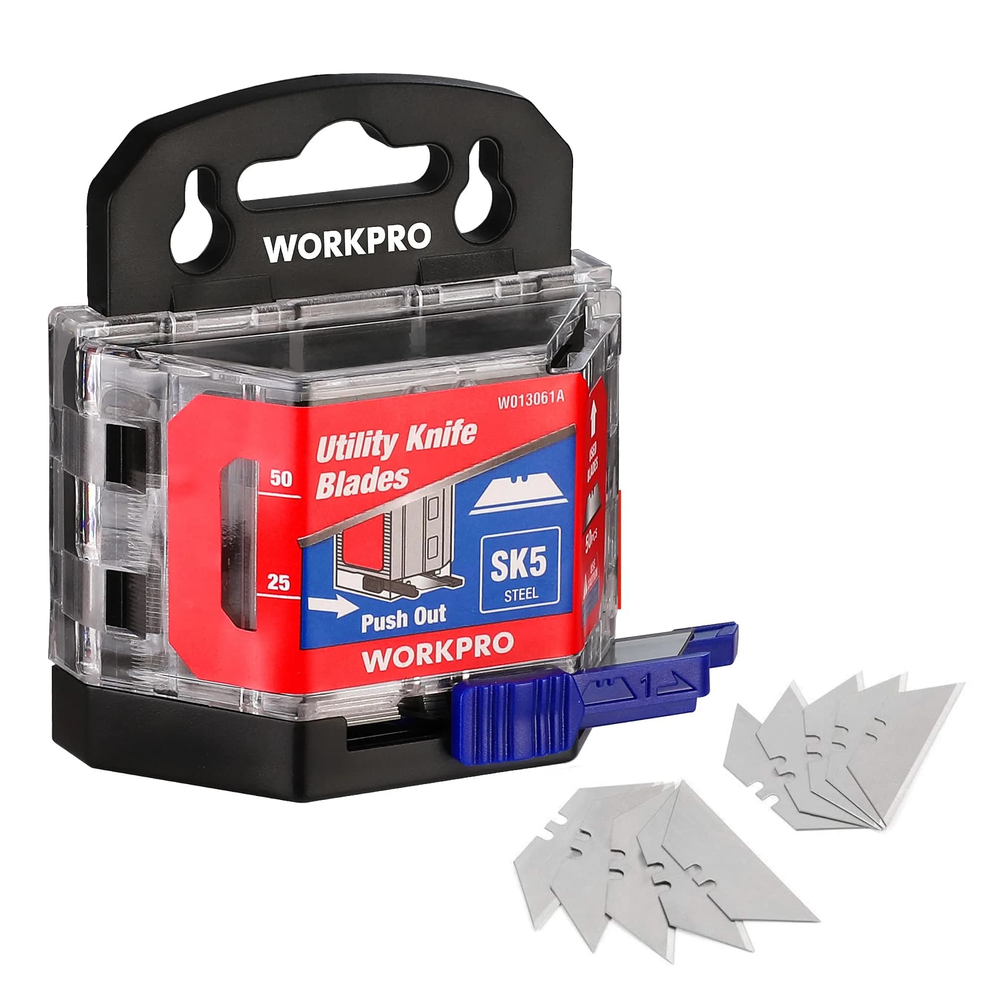 WORKPRO Utility Knife Blades 50 Pack with Dispenser | SK5 Steel Replacement Blades for DIY & Professional Use — Silver