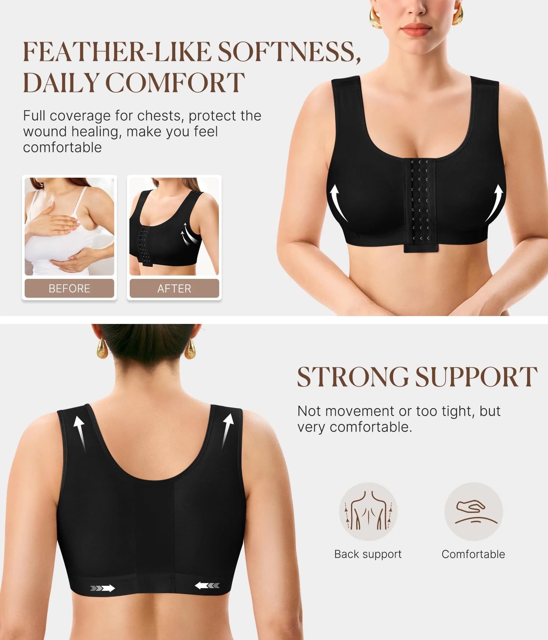 BRABIC Women Front Closure Post Surgery Compression Bra for Mastectomy, Small Black | High Support Recovery Support thumbnail 2