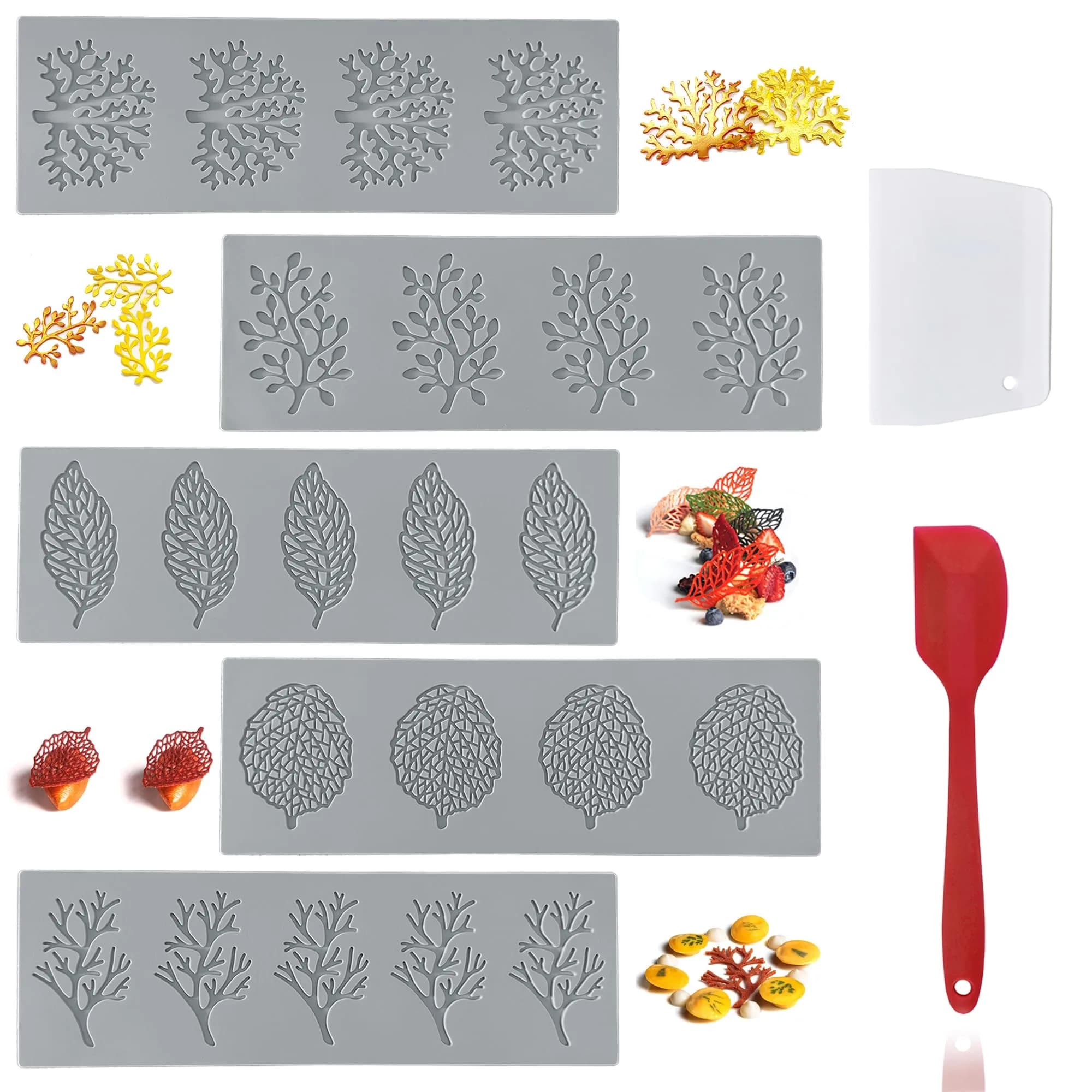 RHVQ 7Pcs Leaf Silicone Fondant Molds Set with Dough Scraper & Spatula | 3D Coral Branch Leaf Chocolate Molds for Baking & Sugar Craft — Gray