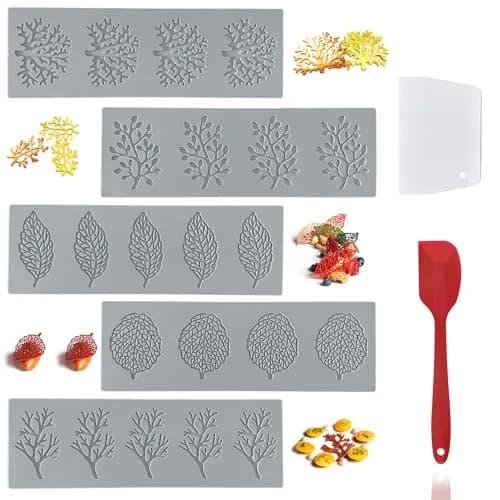 RHVQ 7Pcs Leaf Silicone Fondant Molds Set with Dough Scraper & Spatula | 3D Coral Branch Leaf Chocolate Molds for Baking & Sugar Craft thumbnail 1