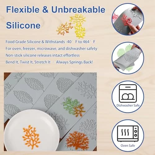RHVQ 7Pcs Leaf Silicone Fondant Molds Set with Dough Scraper & Spatula | 3D Coral Branch Leaf Chocolate Molds for Baking & Sugar Craft thumbnail 3