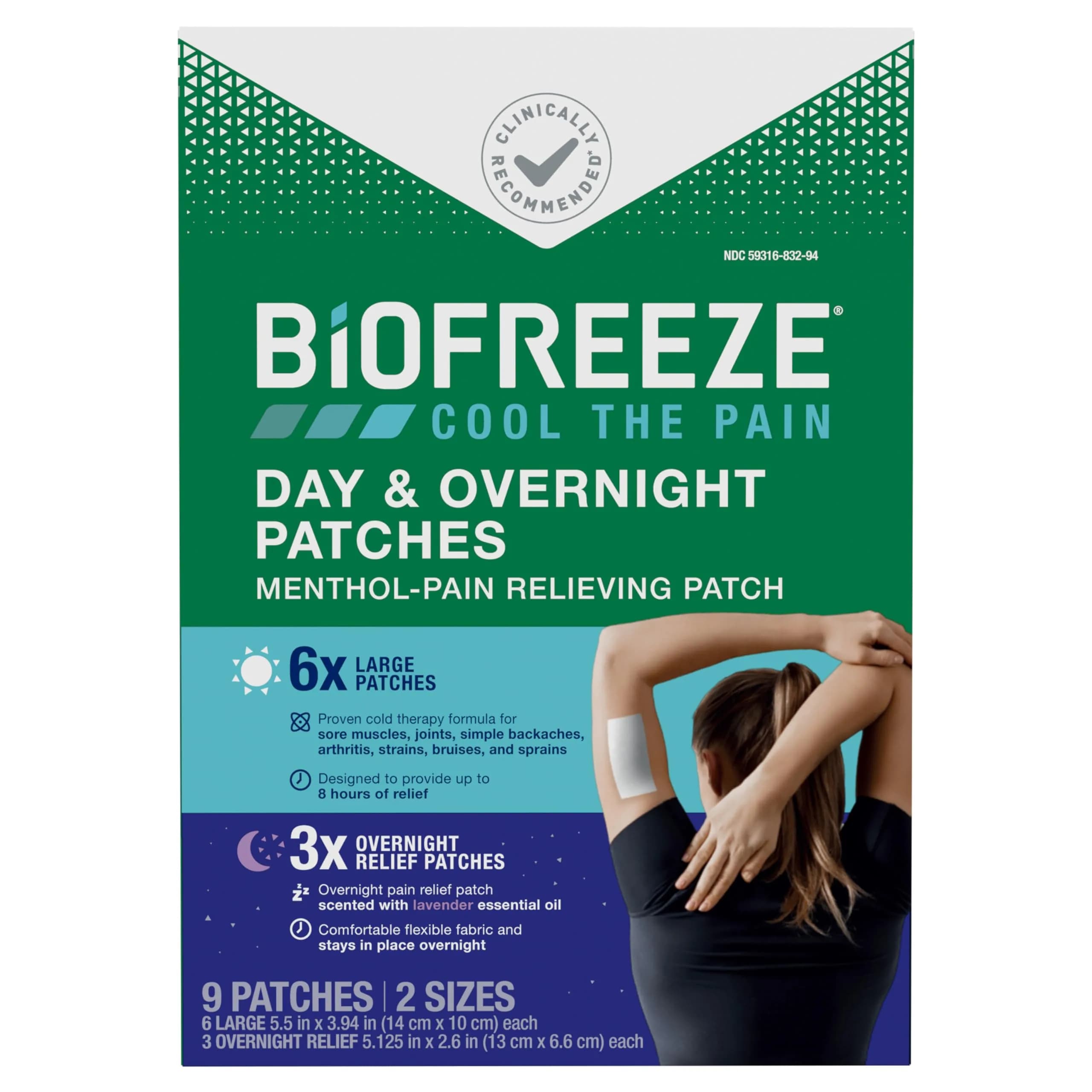 Biofreeze Day & Overnight Pain Relief Patches, 9 Count (6 Day, 3 Night) | Cooling Menthol for Arthritis & Muscle Pain - main product image