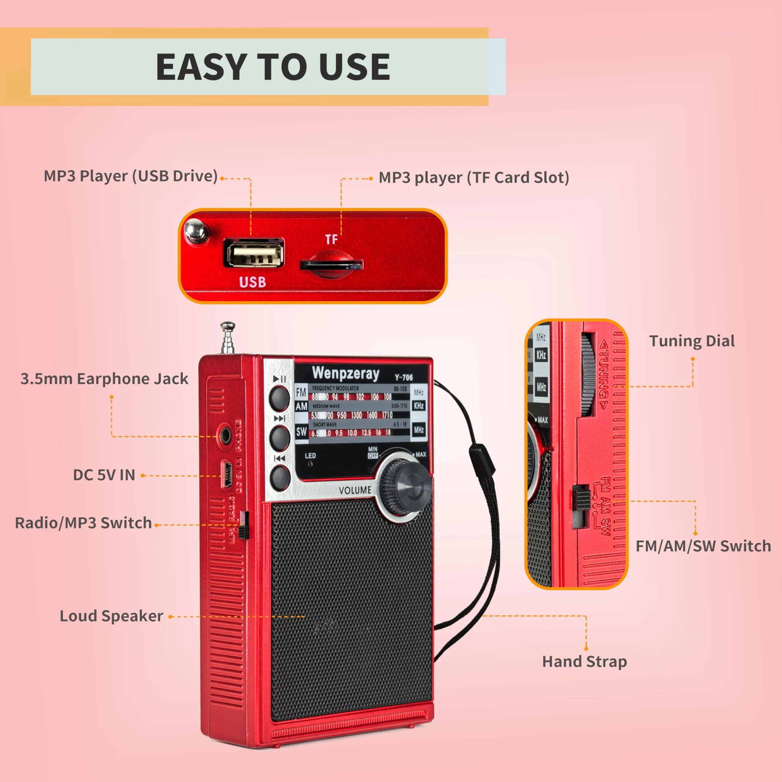 WENPZERAY Y706 Vintage AM FM SW Pocket Radio Red | Portable BT Speaker Receiver with DSP Sound - view 5