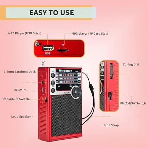 WENPZERAY Y706 Vintage AM FM SW Pocket Radio Red | Portable BT Speaker Receiver with DSP Sound thumbnail 5