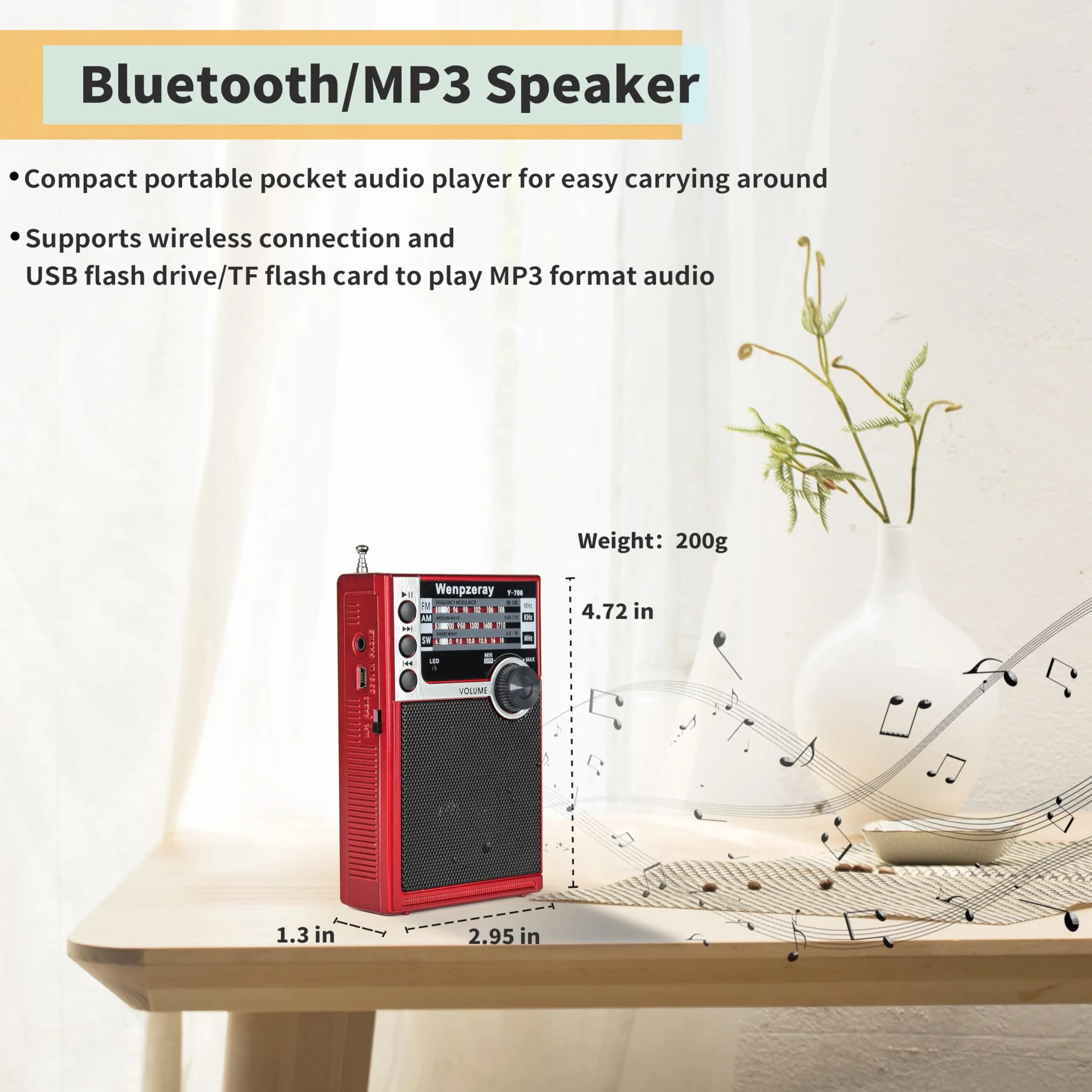 WENPZERAY Y706 Vintage AM FM SW Pocket Radio Red | Portable BT Speaker Receiver with DSP Sound - view 3