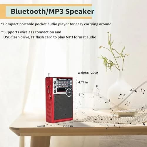WENPZERAY Y706 Vintage AM FM SW Pocket Radio Red | Portable BT Speaker Receiver with DSP Sound thumbnail 3