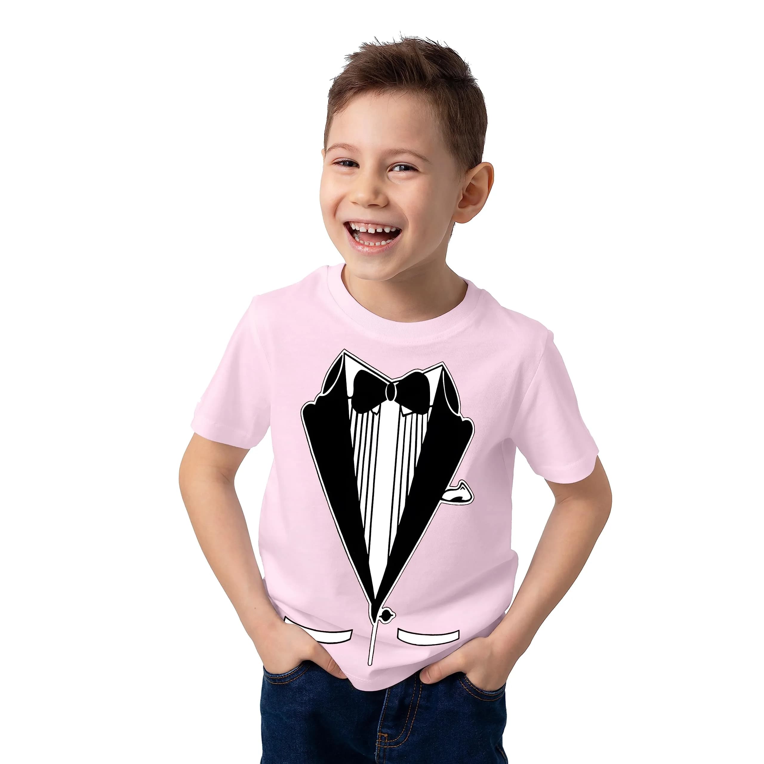 fresh tees Unisex Tuxedo tee with Bow Tie | Funny Kid's Wedding & Function Shirt (X-Small, Light Pink)