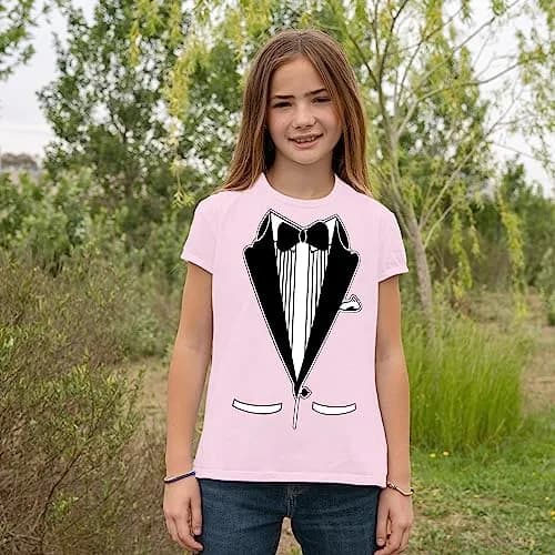 fresh tees Unisex Tuxedo tee with Bow Tie | Funny Kid's Wedding & Function Shirt (X-Small, Light Pink) thumbnail 4