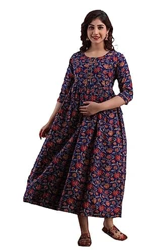 MAGHMA Women's Maternity Nursing Dress with Floral Maxi - Royal Blue, 2XL (XXL) thumbnail 1