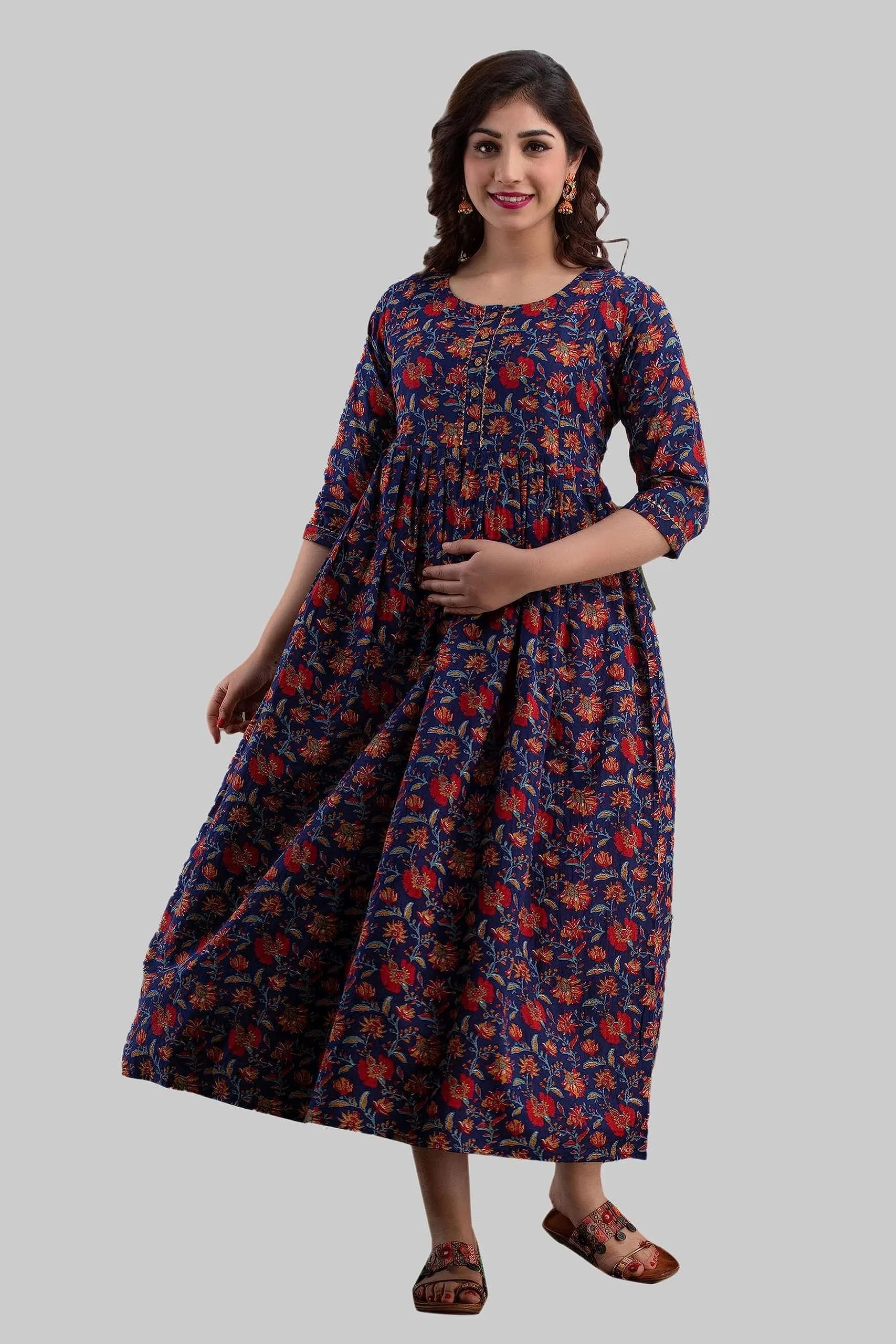 MAGHMA Women's Maternity Nursing Dress with Floral Maxi - Royal Blue, 2XL (XXL) - view 3
