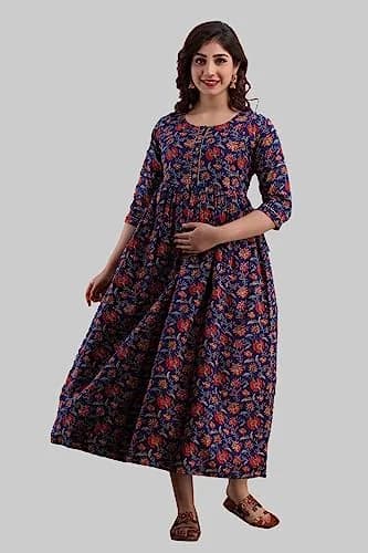 MAGHMA Women's Maternity Nursing Dress with Floral Maxi - Royal Blue, 2XL (XXL) thumbnail 3
