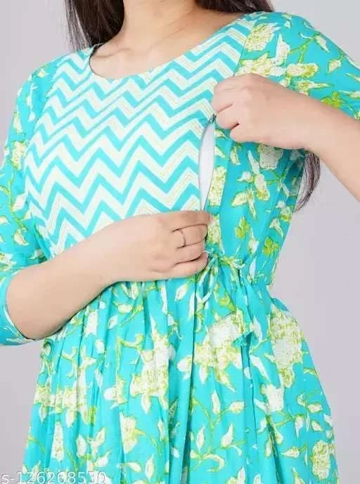 MAGHMA Maternity Nursing Dress Anarkali Gown Style Western Dress with Floral Print, 3/4 Sleeve, Sky Blue - Large | Breathable Cotton for Indian Climate thumbnail 5
