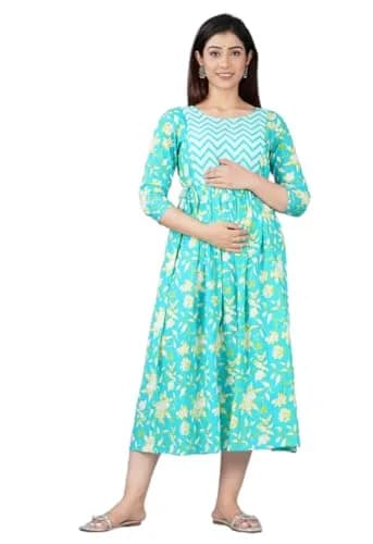 MAGHMA Maternity Nursing Dress Anarkali Gown Style Western Dress with Floral Print, 3/4 Sleeve, Sky Blue - Large | Breathable Cotton for Indian Climate thumbnail 1